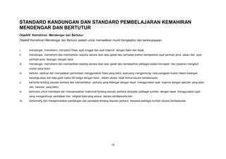 STANDARD KANDUNGAN DAN STANDARD PEMBELAJARAN KEMAHIRAN
MENDENGAR DAN BERTUTUR
Objektif Kemahiran Mendengar dan Bertutur
Objektif Kemahiran Mendengar dan Bertutur adalah untuk memastikan murid mengetahui dan berkeupayaan:


i.     mendengar, memahami, menyebut frasa, ayat tunggal dan ayat majmuk dengan betul dan tepat;
ii.    mendengar, memahami dan memberikan respons secara lisan atau gerak laku terhadap arahan berdasarkan ayat perintah jenis silaan dan ayat
       perintah jenis larangan dengan betul;
iii.   mendengar, memahami dan memberikan respons secara lisan atau gerak laku berdasarkan pelbagai soalan bercapah dan pesanan mengikut
       urutan yang betul;
iv.    bertutur, berbual dan menyatakan permintaan menggunakan frasa yang betul, ayat yang mengandungi kata panggilan bukan dalam kalangan
       keluarga asas dan kata ganti nama diri ketiga dengan betul dalam situasi tidak formal secara bertatasusila;
v      bercerita tentang sesuatu perkara dan menceritakan perkara yang didengar dengan tepat menggunakan ayat majmuk dengan sebutan yang jelas
       dan intonasi yang betul;
vi     berbicara untuk mendapat dan menyampaikan maklumat tentang sesuatu perkara daripada pelbagai sumber dengan tepat menggunakan ayat
       yang mengandungi perkataan dan rangkai kata yang sesuai secara bertatasusila;dan
vii.   berbincang dan mengemukakan pandangan dan pendapat tentang sesuatu perkara daripada pelbagai sumber secara bertatasusila.




                                                                           15
 