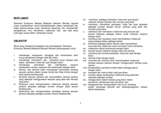 3
MATLAMAT
Standard Kurikulum Bahasa Malaysia Sekolah Rendah digubal
untuk membolehkan murid berketerampilan dalam berbahasa dan
boleh berkomunikasi untuk memenuhi keperluan diri, memperoleh
pengetahuan, ilmu, kemahiran, maklumat, nilai dan idea serta
hubungan sosial dalam kehidupan harian.
OBJEKTIF
Murid yang mengikuti pengajaran dan pembelajaran Standard
Kurikulum Bahasa Malaysia Sekolah Rendah berkeupayaan untuk:
i. mendengar, mengecam, mengajuk dan menentukan arah
bunyi persekitaran dengan teliti dan betul;
ii. mendengar, memahami, dan menyebut bunyi bahasa iaitu
abjad, perkataan, frasa dan ayat dengan betul;
iii. mendengar, memahami dan memberikan respons
berdasarkan arahan, pesanan dan pertanyaan dengan betul;
iv. bertutur dan berbual serta menyatakan permintaan tentang
sesuatu perkara dalam situasi formal dan tidak formal dengan
betul secara bertatasusila;
v. bercerita sesuatu perkara dan menceritakan semula perkara
yang didengar menggunakan sebutan yang jelas dan intonasi
yang betul;
vi. berbicara untuk menyampaikan maklumat tentang sesuatu
perkara daripada pelbagai sumber dengan tepat secara
bertatasusila;
vii. berbincang dan mengemukakan pendapat tentang sesuatu
perkara daripada pelbagai sumber secara bertatasusila;
viii membaca pelbagai perkataan, frasa dan ayat secara
mekanis dengan sebutan dan intonasi yang betul;
ix. membaca, memahami perkataan, frasa dan ayat daripada
pelbagai sumber dengan lancar, sebutan yang jelas dan
intonasi yang betul;
x. membaca dan memahami maklumat yang tersurat dan
tersirat daripada pelbagai bahan untuk memberi respons
dengan betul;
xi. membaca dan menaakul untuk memindahkan maklumat
yang terdapat dalam pelbagai bahan;
xii. membaca pelbagai bahan bacaan bagi memperkaya
kosa kata dan maklumat untuk memupuk minat membaca;
xiii. melakukan aktiviti pramenulis dengan betul;
xiv. menulis secara mekanis dengan betul dan kemas;
xv. membina dan menulis perkataan, frasa dan ayat dengan
betul;
xvi. menulis imlak dengan tepat;
xvii. mencatat dan menulis untuk menyampaikan maklumat
tentang sesuatu perkara dengan menggunakan bahasa yang
santun;
xviii. menghasilkan penulisan kreatif dalam pelbagai genre
dengan betul;
xix. mengedit dan memurnikan hasil penulisan;
xx. menulis ulasan berdasarkan maklumat yang diperoleh
daripada pelbagai sumber;
xxi. menggunakan sistem bahasa yang betul dalam
pertuturan, pembacaan dan penulisan; dan
xxii. menghayati dan mengamalkan nilai murni, bersikap
positif, semangat patriotik dan kewarganegaraan melalui
aktiviti berbahasa.
 