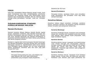 4
FOKUS
Pada akhir pembelajaran Bahasa Malaysia sekolah rendah, murid
dapat memperkaya kosa kata, mempertingkatkan pemahaman
berbahasa dan menguasai bahasa serta berkomunikasi secara
berkesan bagi menyampaikan pendapat, idea dan maklumat dalam
pelbagai situasi pembelajaran, hubungan sosial dan kehidupan
harian.
SUSUNAN KANDUNGAN STANDARD
KURIKULUM BAHASA MALAYSIA
Standard Kurikulum
Standard Kurikulum Bahasa Malaysia Sekolah Rendah digubal
dengan memberikan penekanan pada Standard Kandungan dan
Standard Pembelajaran yang perlu diketahui dan dapat dilakukan
oleh murid. Standard Kandungan dan Standard Pembelajaran ini
berpaksikan Kemahiran Bahasa dan Sistem Bahasa yang disokong
oleh elemen Pengisian Kurikulum.
Standard ini digubal dalam bentuk pernyataan Standard Kandungan
dan Standard Pembelajaran yang perlu dikuasai oleh murid sekolah
kebangsaan. Standard ini dipersembahkan dalam bentuk modular
yang dibahagikan kepada bahagian dan unit yang mengandungi
elemen pengetahuan, kemahiran serta nilai murni yang perlu
dikuasai oleh murid.
Standard Kandungan
Pernyataan tentang bidang ilmu yang patut diketahui dan
dapat dilakukan oleh murid dalam suatu tempoh
persekolahan yang merangkumi aspek pengetahuan,
kemahiran dan nilai murni.
Standard Pembelajaran
Pernyataan tentang penetapan kriteria untuk memastikan
kualiti pembelajaran dan pencapaian murid bagi setiap
standard kandungan.
Kemahiran Bahasa
Kemahiran bahasa meliputi kemahiran mendengar, kemahiran
bertutur, kemahiran membaca, dan kemahiran menulis. Kemahiran
bahasa merupakan teras penguasaan bahasa baku.
Kemahiran Mendengar
Kemahiran mendengar merujuk keupayaan murid mendengar
dengan teliti, memahami dan menghayati secara lisan perkara
yang didengar dalam pelbagai situasi pengucapan, serta
dapat memberikan respons.
Kemahiran Bertutur
Kemahiran bertutur merujuk keupayaan murid berkomunikasi
untuk menjalin hubungan dan menyampaikan maklumat,
pendapat, perasaan serta idea yang kreatif dan kritis dengan
sebutan dan intonasi yang betul secara sopan dan
bertatasusila. Penekanan juga diberikan pada penggunaan
tatabahasa yang betul.
Kemahiran Membaca
Kemahiran membaca merujuk keupayaan murid membaca
dengan sebutan, intonasi, jeda, dan kelancaran yang betul.
Penekanan perlu diberikan pada aspek pemahaman dan
 