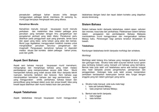 5
penaakulan pelbagai bahan secara kritis dengan
menggunakan pelbagai teknik membaca. Di samping itu,
murid juga berupaya menghayati teks yang dibaca.
Kemahiran Menulis
Kemahiran menulis merujuk keupayaan murid menulis
perkataan dan melahirkan idea melalui pelbagai jenis
penulisan yang berkaitan dengan ilmu pengetahuan dan
pengalaman peribadi yang telah dilalui. Penekanan perlu
diberikan pada penggunaan ayat yang gramatis, tanda baca
dan ejaan yang betul, serta tulisan yang jelas dan kemas.
Murid juga digalakkan menggunakan kreativiti mereka untuk
menghasilkan penulisan berunsur pengetahuan dan
imaginatif. Penguasaan kemahiran bahasa ini diperoleh
melalui situasi dan konteks dalam pelbagai bahan prosa,
puisi dan grafik.
Aspek Seni Bahasa
Aspek seni bahasa merujuk keupayaan murid memahami,
mengungkap dan menghargai bahasa yang indah melalui
pembelajaran yang menyeronokkan secara didik hibur. Murid
memperoleh bahasa yang indah secara didik hibur daripada teknik
nyanyian, bercerita, berlakon dan berpuisi. Seni bahasa juga
menampakkan keindahan bahasa dari segi pembentukan ayat
yang menggunakan simile, peribahasa, bahasa kiasan dan
personifikasi yang terdapat dalam puisi dan prosa kreatif. Idea yang
kreatif dapat dilahirkan oleh murid melalui lisan dan penulisan.
Aspek Tatabahasa
Aspek tatabahasa merujuk keupayaan murid menggunakan
tatabahasa dengan betul dan tepat dalam konteks yang diajarkan
secara terancang.
Sistem Bahasa
Sistem bahasa terdiri daripada tatabahasa, sistem ejaan, sebutan
dan intonasi, kosa kata dan peribahasa. Pelaksanaan sistem bahasa
dalam pengajaran dan pembelajaran Bahasa Malaysia
membolehkan murid menggunakan dan mengamalkan bahasa
Melayu baku. Penerangan bagi perkara tersebut dinyatakan di
bawah.
Tatabahasa
Kandungan tatabahasa terdiri daripada morfologi dan sintaksis.
Morfologi
Morfologi ialah bidang ilmu bahasa yang mengkaji struktur, bentuk
dan golongan kata. Struktur kata ialah susunan bentuk bunyi ujaran
atau lambang (tulisan) yang menjadi unit bahasa yang bermakna.
Bentuk kata pula ialah unit tatabahasa sama ada bentuk tunggal
atau hasil daripada proses pengimbuhan, pemajmukan dan
penggandaan. Golongan kata pula ialah proses menjeniskan
perkataan berdasarkan keserupaan bentuk atau fungsi dengan
anggota yang lain dalam golongan yang sama.
a. Struktur kata merujuk pola suku kata bagi:
i. kata asli bahasa Melayu
ii. kata pinjaman bahasa Melayu
b. Bentuk kata terdiri daripada:
i. kata tunggal
ii. kata terbitan
 