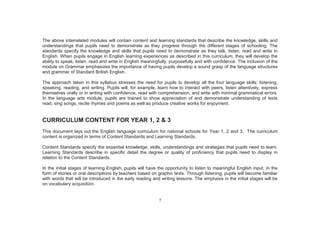 7
The above interrelated modules will contain content and learning standards that describe the knowledge, skills and
understandings that pupils need to demonstrate as they progress through the different stages of schooling. The
standards specify the knowledge and skills that pupils need to demonstrate as they talk, listen, read and write in
English. When pupils engage in English learning experiences as described in this curriculum, they will develop the
ability to speak, listen, read and write in English meaningfully, purposefully and with confidence. The inclusion of the
module on Grammar emphasizes the importance of having pupils develop a sound grasp of the language structures
and grammar of Standard British English.
The approach taken in this syllabus stresses the need for pupils to develop all the four language skills: listening,
speaking, reading, and writing. Pupils will, for example, learn how to interact with peers, listen attentively, express
themselves orally or in writing with confidence, read with comprehension, and write with minimal grammatical errors.
In the language arts module, pupils are trained to show appreciation of and demonstrate understanding of texts
read, sing songs, recite rhymes and poems as well as produce creative works for enjoyment.
CURRICULUM CONTENT FOR YEAR 1, 2 & 3
This document lays out the English language curriculum for national schools for Year 1, 2 and 3. The curriculum
content is organized in terms of Content Standards and Learning Standards.
Content Standards specify the essential knowledge, skills, understandings and strategies that pupils need to learn.
Learning Standards describe in specific detail the degree or quality of proficiency that pupils need to display in
relation to the Content Standards.
In the initial stages of learning English, pupils will have the opportunity to listen to meaningful English input, in the
form of stories or oral descriptions by teachers based on graphic texts. Through listening, pupils will become familiar
with words that will be introduced in the early reading and writing lessons. The emphasis in the initial stages will be
on vocabulary acquisition.
 