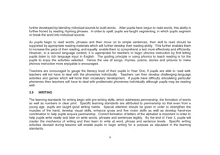 9
further developed by blending individual sounds to build words. After pupils have begun to read words, this ability is
further honed by reading rhyming phrases. In order to spell, pupils are taught segmenting, in which pupils segment
or break the word into individual sounds.
As pupils begin to read words, phrases and then move on to simple sentences, their skill to read should be
supported by appropriate reading materials which will further develop their reading ability. This further enables them
to increase the pace of their reading, and equally, enable them to comprehend a text more effectively and efficiently.
However, in a second language context, it is appropriate for teachers to begin phonics instruction by first letting
pupils listen to rich language input in English. The guiding principle in using phonics to teach reading is for the
pupils to enjoy the activities selected. Hence the use of songs, rhymes, poems, stories and pictures to make
phonics instruction more enjoyable is encouraged.
Teachers are encouraged to gauge the literacy level of their pupils in Year One, if pupils are able to read well,
teachers will not have to deal with the phonemes individually. Teachers can then develop challenging language
activities and games which will hone their vocabulary development. If pupils have difficulty articulating particular
phonemes then teachers will have to deal with problematic phonemes individually although pupils may be reading
well.
3.0 WRITING
The learning standards for writing begin with pre-writing skills, which addresses penmanship, the formation of words
as well as numbers in clear print. Specific learning standards are attributed to penmanship so that even from a
young age, pupils are taught good writing habits. Special attention should be given in order to strengthen the
muscles of the hand, develop visual skills, enhance gross and fine motor skills as well as develop hand-eye
coordination to help pupils acquire penmanship. Correct formation of letters of the alphabet is important in order to
help pupils write neatly and later on write words, phrases and sentences legibly. By the end of Year 3, pupils will
master the mechanics of writing and then learn to write at word, phrase and sentence levels. Specific writing
activities devised during lessons will enable pupils to begin writing for a purpose as stipulated in the learning
standards.
 