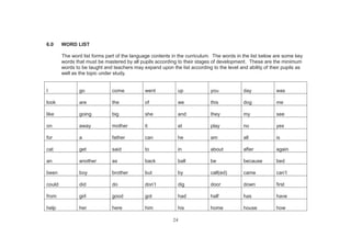 24
6.0 WORD LIST
The word list forms part of the language contents in the curriculum. The words in the list below are some key
words that must be mastered by all pupils according to their stages of development. These are the minimum
words to be taught and teachers may expand upon the list according to the level and ability of their pupils as
well as the topic under study.
I go come went up you day was
look are the of we this dog me
like going big she and they my see
on away mother it at play no yes
for a father can he am all is
cat get said to in about after again
an another as back ball be because bed
been boy brother but by call(ed) came can’t
could did do don’t dig door down first
from girl good got had half has have
help her here him his home house how
 