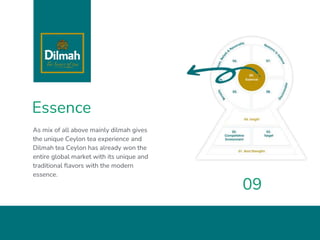 Essence
As mix of all above mainly dilmah gives
the unique Ceylon tea experience and
Dilmah tea Ceylon has already won the
entire global market with its unique and
traditional flavors with the modern
essence.
09
 
