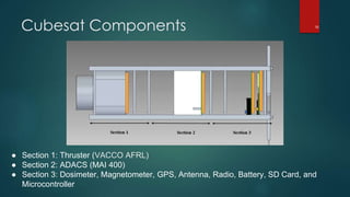 Cubesat Components
● Section 1: Thruster (VACCO AFRL)
● Section 2: ADACS (MAI 400)
● Section 3: Dosimeter, Magnetometer, GPS, Antenna, Radio, Battery, SD Card, and
Microcontroller
16
 