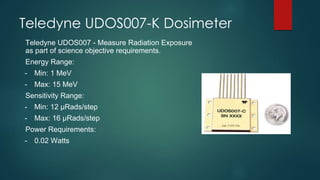 Teledyne UDOS007-K Dosimeter
Teledyne UDOS007 - Measure Radiation Exposure
as part of science objective requirements.
Energy Range:
- Min: 1 MeV
- Max: 15 MeV
Sensitivity Range:
- Min: 12 µRads/step
- Max: 16 µRads/step
Power Requirements:
- 0.02 Watts
 