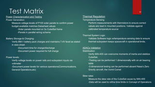 Test Matrix
Power Characterization and Testing
Power Generation:
Measure voltage levels of P100 solar panels to confirm power
budget available matches Datasheet values
-Solar panels mounted on 3u CubeSat frame
-Panels in parallel wiring scheme
Battery Storage & Charging:
Verify BM-1 battery pack charges and maintains 7.4V level as stated
in data sheet
-Document time for charge/discharge
-Document power required for full charge
Power levels:
Verify voltage levels on power rails and subsystem inputs via
voltmeter
-Document power levels for various operations(Communications,
General Operations,etc)
Thermal Regulation
Temperature Sensing
Perform measurements with thermistors to ensure correct
values are read in mounted positions. Validate against
calibrated temperature source
Thermal System Logic
Validate Software logic w/temperature sensing data to ensure
thermal subsystem keeps spacecraft in operational limits.
ADACs Validation
Stabilization
Verify MAI-400 can overcome moments of inertia and stablize
CubeSat.
-Testing can be performed 1 dimensionally with on air bearing
table
-3 dimensional testing can be performed aboard Nasa’s Zero
Gravity aircraft, the Vomit Comet
Slew rates
Measure the slew rate of the CubeSat cause by MAI-400
-Data will be used to refine time limits in Concept of Operations
44
 