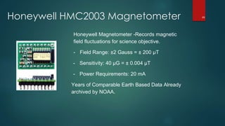 Honeywell HMC2003 Magnetometer
Honeywell Magnetometer -Records magnetic
field fluctuations for science objective.
- Field Range: ±2 Gauss = ± 200 μT
- Sensitivity: 40 μG = ± 0.004 μT
- Power Requirements: 20 mA
Years of Comparable Earth Based Data Already
archived by NOAA.
69
 