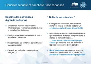 Concilier sécurité et simplicité : nos réponses
DSBrowser© 16
Besoins des entreprises :
4 grands scénarios
> Exporter de manière sécurisée les
informations de l’entreprise vers l’extérieur
et encadrer leur traitement
> Protéger et exploiter les données à valeur
ajoutée de l’entreprise
> Interconnecter les systèmes de l’entreprise
sans perturbation
> Prévenir les malveillances (intrusions,
pillages…)
“ Bulle de sécurisation ”
> L’analyse des faiblesses de l’utilisation
d’internet nous a conduit à élaborer un
système complet à haute disponibilité
> A la différence des circuits habituels Internet
qui utilisent des matériels éparpillés dans le
monde et non contrôlables…
… nous avons construit notre propre
circuit qui incorpore tous les matériels et
logiciels nécessaires à son contrôle
> Notre navigateur communique avec nos
serveurs d’applications sur la base d’un
protocole de communication propriétaire
 
