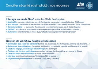 Concilier sécurité et simplicité : nos réponses
DSBrowser© 18
Interagir en mode SaaS avec les SI de l’entreprise
> Modulable : serveurs dédiés au sein de l’entreprise ou serveurs mutualisés chez DSBrowser
> Non intrusif : installation et exploitation de DSBrowserPRO sans modification des SI de l’entreprise
> Complémentaire : « surcouche fonctionnelle » en interaction avec les SI de l’entreprise
> Evolutif : souplesse et adaptabilité aux changements (workflow, autorisations, formats…)
> Autonome : maintenance et mises à jour effectuées intégralement par DSBrowser
Gestion de workflow flexible et sécurisée
> Diminution des coûts de traitement (limite les ressaisies des formulaires, élimine les doublons…)
> Autonomie des utilisateurs (simplicité d’utilisation, convivialité, rapidité, outil interactif et réactif)
> Capture, traçage, horodatage et archivage des échanges
> Tableaux de bord et statistiques permettant de contrôler le workflow en central et filiales
> Centralisation de l’information sur une base sécurisée
> Interface avec tous les logiciels d’échanges (EDI et autres…)
> Disponibilité permanente de la solution (à 99,99%) + backup
 