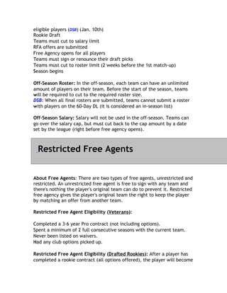 eligible players (DSB) (Jan. 10th)
R
Rookie Draft
T
Teams must cut to salary limit
R
RFA offers are submitted
F
Free Agency opens for all players
T
Teams must sign or renounce their draft picks
T
Teams must cut to roster limit (2 weeks before the 1st match-up)
Season begins
S

Off-Season Roster: In the off-season, each team can have an unlimited
amount of players on their team. Before the start of the season, teams
will
w be required to cut to the required roster size.
DSB: When all final rosters are submitted, teams cannot submit a roster
with players on the 60-Day DL (it is considered an in-season list)
w

Off-Season Salary: Salary will not be used in the off-season. Teams can
go over the salary cap, but must cut back to the cap amount by a date
s
set by the league (right before free agency opens).



  Restricted Free Agents


About Free Agents: There are two types of free agents, unrestricted and
restricted. An unrestricted free agent is free to sign with any team and
there's nothing the player's original team can do to prevent it. Restricted
free agency gives the player's original team the right to keep the player
by
b matching an offer from another team.

Restricted Free Agent Eligibility (Veterans):
                                           )

C
Completed a 3-6 year Pro contract (not including options).
S
Spent a minimum of 2 full consecutive seasons with the current team.
N
Never been listed on waivers.
Had any club options picked up.
H

Restricted Free Agent Eligibility (Drafted Rookies): After a player has
completed a rookie contract (all options offered), the player will become
 