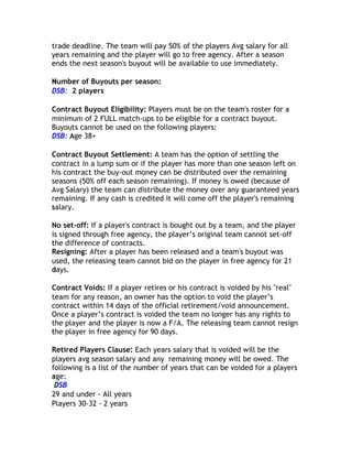 trade deadline. The team will pay 50% of the players Avg salary for all
years remaining and the player will go to free agency. After a season
e
ends the next season's buyout will be available to use immediately.

Number of Buyouts per season:
N
DSB: 2 players

Contract Buyout Eligibility: Players must be on the team's roster for a
minimum of 2 FULL match-ups to be eligible for a contract buyout.
Buyouts cannot be used on the following players:
DSB: A 38+
     Age

Contract Buyout Settlement: A team has the option of settling the
contract in a lump sum or if the player has more than one season left on
his contract the buy-out money can be distributed over the remaining
seasons (50% off each season remaining). If money is owed (because of
Avg Salary) the team can distribute the money over any guaranteed years
remaining. If any cash is credited it will come off the player's remaining
salary.
s

No set-off: If a player's contract is bought out by a team, and the player
is signed through free agency, the player’s original team cannot set-off
the difference of contracts.
t
Resigning: After a player has been released and a team's buyout was
used, the releasing team cannot bid on the player in free agency for 21
days.
d

Contract Voids: If a player retires or his contract is voided by his "real"
team for any reason, an owner has the option to void the player’s
contract within 14 days of the official retirement/void announcement.
Once a player’s contract is voided the team no longer has any rights to
the player and the player is now a F/A. The releasing team cannot resign
the player in free agency for 90 days.
t

Retired Players Clause: Each years salary that is voided will be the
players avg season salary and any remaining money will be owed. The
following is a list of the number of years that can be voided for a players
age:
a
 D
 DSB
2
29 and under - All years
Players 30-32 - 2 years
 