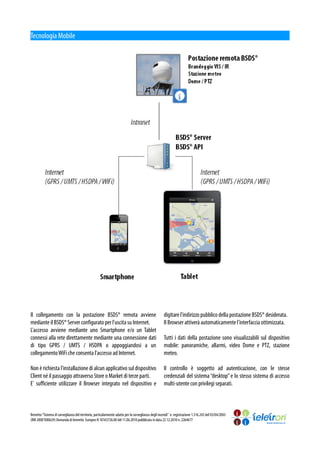 Tecnologia Mobile




Il collegamento con la postazione BSDS® remota avviene                                               digitare l'indirizzo pubblico della postazione BSDS® desiderata.
mediante il BSDS® Server configurato per l'uscita su Internet.                                       Il Browser attiverà automaticamente l'interfaccia ottimizzata.
L'accesso avviene mediante uno Smartphone e/o un Tablet
connessi alla rete direttamente mediante una connessione dati                                        Tutti i dati della postazione sono visualizzabili sul dispositivo
di tipo GPRS / UMTS / HSDPA o appoggiandosi a un                                                     mobile: panoramiche, allarmi, video Dome e PTZ, stazione
collegamento WiFi che consenta l'accesso ad Internet.                                                meteo.

Non è richiesta l'installazione di alcun applicativo sul dispositivo                                 Il controllo è soggetto ad autenticazione, con le stesse
Client né il passaggio attraverso Store o Market di terze parti.                                     credenziali del sistema “desktop” e lo stesso sistema di accesso
E' sufficiente utilizzare il Browser integrato nel dispositivo e                                     multi-utente con privilegi separati.



Brevetto “Sistema di sorveglianza del territorio, particolarmente adatto per la sorveglianza degli incendi” n. registrazione 1.316.243 del 03/04/2003
(RM 2000°000629) Domanda di brevetto Europeo N 10165726.00 del 11.06.2010 pubblicata in data 22.12.2010 n. 2264677
 