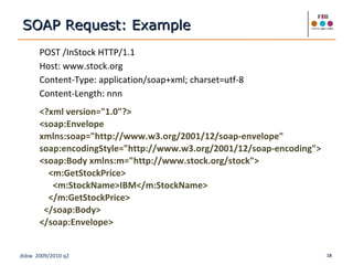 POST /InStock HTTP/1.1 Host: www.stock.org Content-Type: application/soap+xml; charset=utf-8 Content-Length: nnn <?xml version="1.0"?> <soap:Envelope xmlns:soap="http://www.w3.org/2001/12/soap-envelope" soap:encodingStyle="http://www.w3.org/2001/12/soap-encoding"> <soap:Body xmlns:m="http://www.stock.org/stock"> <m:GetStockPrice> <m:StockName>IBM</m:StockName> </m:GetStockPrice> </soap:Body> </soap:Envelope> SOAP Request: Example 