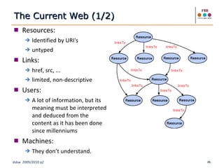 The Current Web (1/2) Resources:  Identified by URI's  untyped  Links:  href, src, ...  limited, non-descriptive Users:  A lot of information, but its meaning must be interpreted and deduced from the content as it has been done since millenniums Machines:  They don’t understand. 