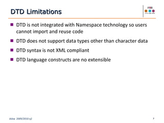 DTD is not integrated with Namespace technology so users cannot import and reuse code DTD does not support data types other than character data DTD syntax is not XML compliant DTD language constructs are no extensible DTD Limitations 