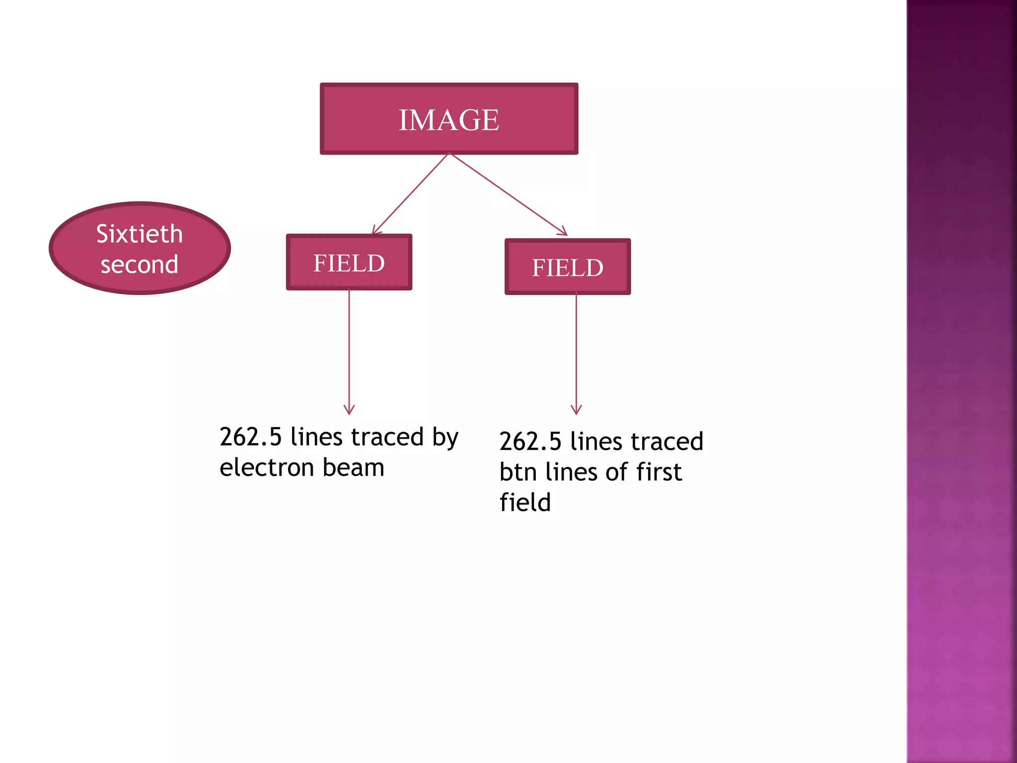 IMAGE
FIELD FIELD
Sixtieth
second
262.5 lines traced by
electron beam
262.5 lines traced
btn lines of first
field
 