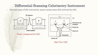 Differential Scanning Calorimetry Instrument
– Two basic types of DSC instruments: power compensation DSC and heat-flux DSC
 
