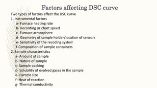 Factors affecting DSC curve
Two types of factors effect the DSC curve
1. Instrumental factors
a- Furnace heating rate
b- Recording or chart speed
c- Furnace atmosphere
d- Geometry of sample holder/location of sensors
e- Sensitivity of the recoding system
f-Composition of sample containers
2. Sample characteristics
a- Amount of sample
b- Nature of sample
c- Sample packing
d- Solubility of evolved gases in the sample
e- Particle size
f- Heat of reaction
g- Thermal conductivity
 