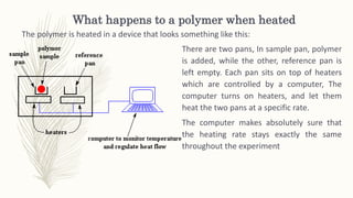 What happens to a polymer when heated
The polymer is heated in a device that looks something like this:
There are two pans, In sample pan, polymer
is added, while the other, reference pan is
left empty. Each pan sits on top of heaters
which are controlled by a computer, The
computer turns on heaters, and let them
heat the two pans at a specific rate.
The computer makes absolutely sure that
the heating rate stays exactly the same
throughout the experiment
 