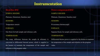 Instrumentation
Heat-flux DSC
SAMPLE HOLDER:
Platinum, Aluminium, Stainless steel
SENSORS:
Temperature sensors
FURNACE:
One block for both sample and reference cells
TEMPERATURE:
The temp. difference between the sample & reference is
converted to differential thermal power, which is supplied to
the heaters to maintain the temperature of the sample and
reference at the program value.
Power compensated DSC
SAMPLE HOLDER:
Platinum, Aluminium, Stainless steel
SENSORS:
Pt resistance thermocouple
FURNACE:
Separate blocks for sample and reference cells.
TEMPERATURE:
Differential thermo power is supplied to the heaters to maintain
the temperature of the sample and reference at the program
value.
7
 