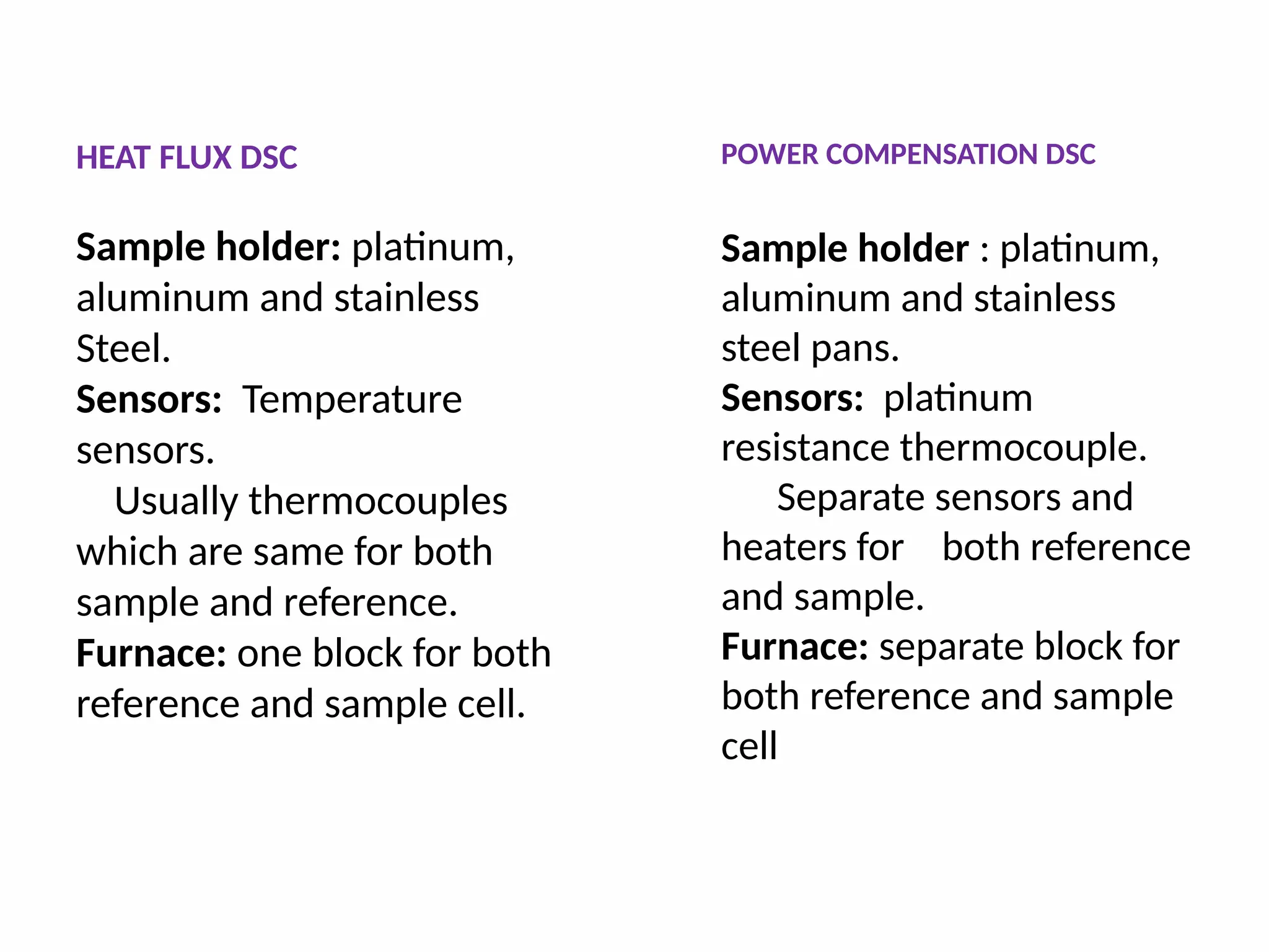 HEAT FLUX DSC
Sample holder: platinum,
aluminum and stainless
Steel.
Sensors: Temperature
sensors.
Usually thermocouples
which are same for both
sample and reference.
Furnace: one block for both
reference and sample cell.
POWER COMPENSATION DSC
Sample holder : platinum,
aluminum and stainless
steel pans.
Sensors: platinum
resistance thermocouple.
Separate sensors and
heaters for both reference
and sample.
Furnace: separate block for
both reference and sample
cell
 