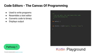 This work is licensed under the Apache 2.0 License
Code Editors - The Canvas Of Programming
Pathway 1
● Used to write programs
● Resembles a text editor
● Converts code to binary
● Displays output
 
