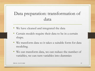 Data preparation: transformation of
data
DSC601- Dr NYAMSI 29
• We have cleaned and integrated the data
• Certain models require their data to be in a certain
shape.
• We transform data so it takes a suitable form for data
modeling.
• We can transform data, we can reduce the number of
variables, we can turn variables into dummies
 