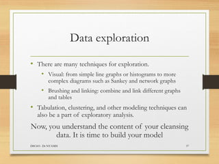 Data exploration
• There are many techniques for exploration.
• Visual: from simple line graphs or histograms to more
complex diagrams such as Sankey and network graphs
• Brushing and linking: combine and link different graphs
and tables
• Tabulation, clustering, and other modeling techniques can
also be a part of exploratory analysis.
Now, you understand the content of your cleansing
data. It is time to build your model
DSC601- Dr NYAMSI 37
 