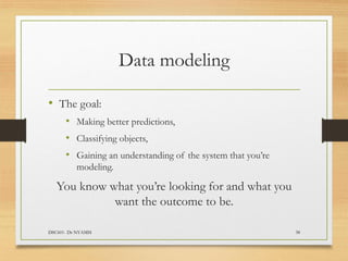 Data modeling
• The goal:
• Making better predictions,
• Classifying objects,
• Gaining an understanding of the system that you’re
modeling.
You know what you’re looking for and what you
want the outcome to be.
DSC601- Dr NYAMSI 38
 
