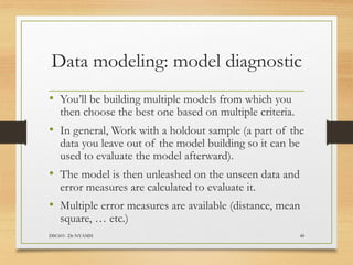 Data modeling: model diagnostic
• You’ll be building multiple models from which you
then choose the best one based on multiple criteria.
• In general, Work with a holdout sample (a part of the
data you leave out of the model building so it can be
used to evaluate the model afterward).
• The model is then unleashed on the unseen data and
error measures are calculated to evaluate it.
• Multiple error measures are available (distance, mean
square, … etc.)
DSC601- Dr NYAMSI 48
 