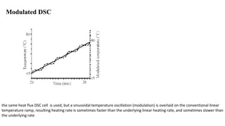 Modulated DSC
the same heat flux DSC cell is used, but a sinusoidal temperature oscillation (modulation) is overlaid on the conventional linear
temperature ramp, resulting heating rate is sometimes faster than the underlying linear heating rate, and sometimes slower than
the underlying rate
 