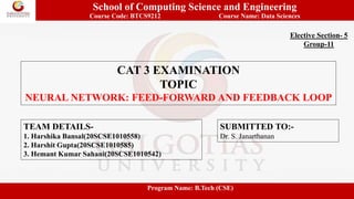 School of Computing Science and Engineering
Course Code: BTCS9212 Course Name: Data Sciences
CAT 3 EXAMINATION
TOPIC
NEURAL NETWORK: FEED-FORWARD AND FEEDBACK LOOP
Elective Section- 5
Group-11
TEAM DETAILS-
1. Harshika Bansal(20SCSE1010558)
2. Harshit Gupta(20SCSE1010585)
3. Hemant Kumar Sahani(20SCSE1010542)
SUBMITTED TO:-
Dr. S. Janarthanan
Program Name: B.Tech (CSE)
