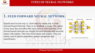 TYPES OF NEURAL NETWORKS
1. FEED FORWARD NEURAL NETWORK
Signals travel in one way i.e. from input to output only in Feed
forward Neural Network. There is no feedback or loops. The output
of any layer does not affect that same layer in such networks. Feed
forward neural networks are straight forward networks that associate
inputs with outputs. They have fixed inputs and outputs. They are
mostly used in pattern generation, pattern recognition and
classification.
Program Name: B.Tech (CSE)
 