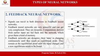 TYPES OF NEURAL NETWORKS
2. FEEDBACK NEURAL NETWORK
• Signals can travel in both directions in Feedback neural
networks.
• Feedback neural networks are very powerful and can get
very complicated. They are dynamic. Computations derived
from earlier input are fed back into the network, which
gives them a kind of memory.
• Feedback networks are dynamic; their 'state' is changing
continuously until they reach an equilibrium point. They
remain at the equilibrium point until the input changes and
a new equilibrium needs to be found.
Program Name: B.Tech (CSE)
 
