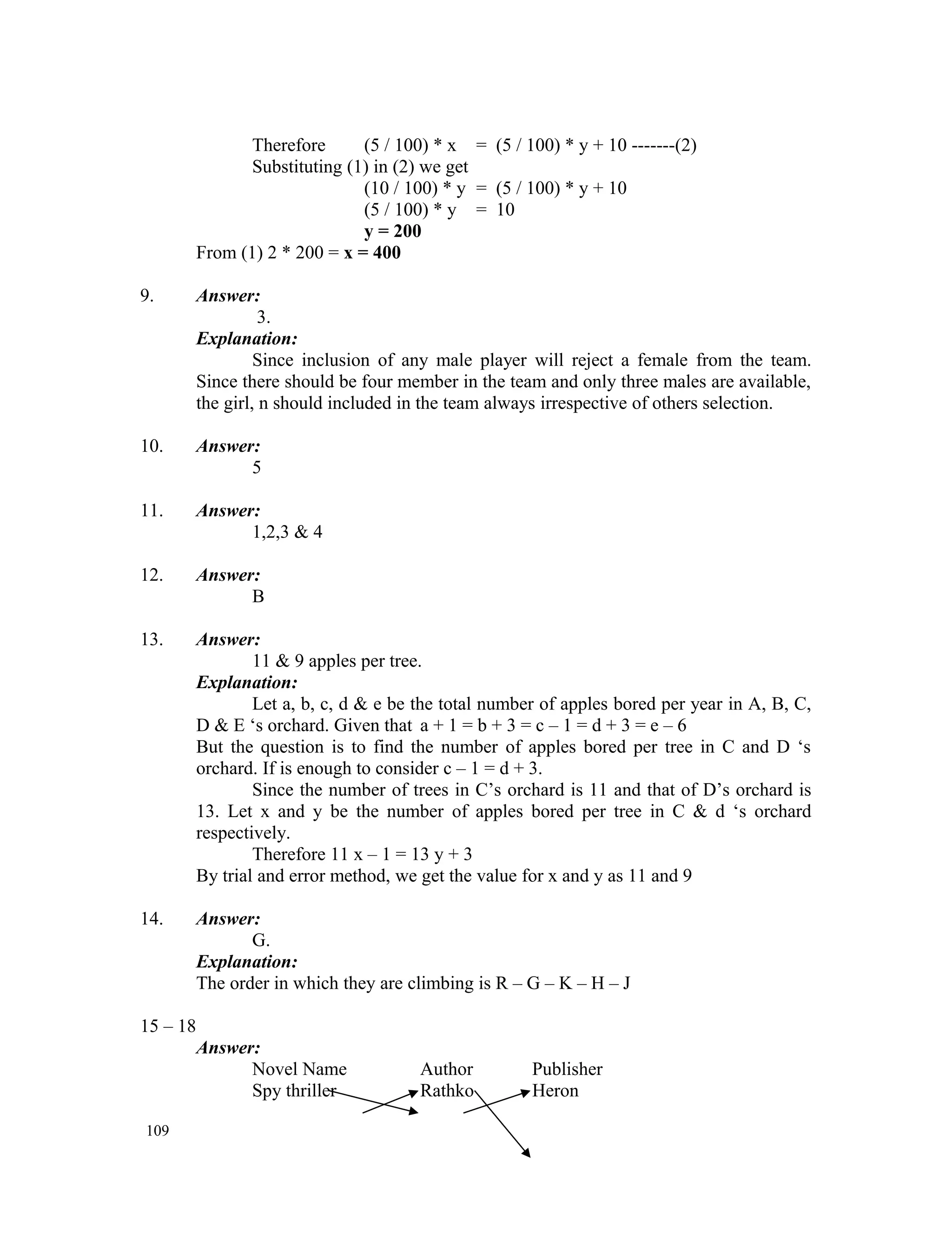 Therefore (5 / 100) * x = (5 / 100) * y + 10 -------(2) Substituting (1) in (2) we get (10 / 100) * y = (5 / 100) * y + 10 (5 / 100) * y = 10 y = 200 From (1) 2 * 200 = x = 400 9. Answer: 3. Explanation: Since inclusion of any male player will reject a female from the team. Since there should be four member in the team and only three males are available, the girl, n should included in the team always irrespective of others selection. 10. Answer: 5 11. Answer: 1,2,3 & 4 12. Answer: B 13. Answer: 11 & 9 apples per tree. Explanation: Let a, b, c, d & e be the total number of apples bored per year in A, B, C, D & E ‘s orchard. Given that a + 1 = b + 3 = c – 1 = d + 3 = e – 6 But the question is to find the number of apples bored per tree in C and D ‘s orchard. If is enough to consider c – 1 = d + 3. Since the number of trees in C’s orchard is 11 and that of D’s orchard is 13. Let x and y be the number of apples bored per tree in C & d ‘s orchard respectively. Therefore 11 x – 1 = 13 y + 3 By trial and error method, we get the value for x and y as 11 and 9 14. Answer: G. Explanation: The order in which they are climbing is R – G – K – H – J 15 – 18 Answer: Novel Name Author Publisher Spy thriller Rathko Heron 109 