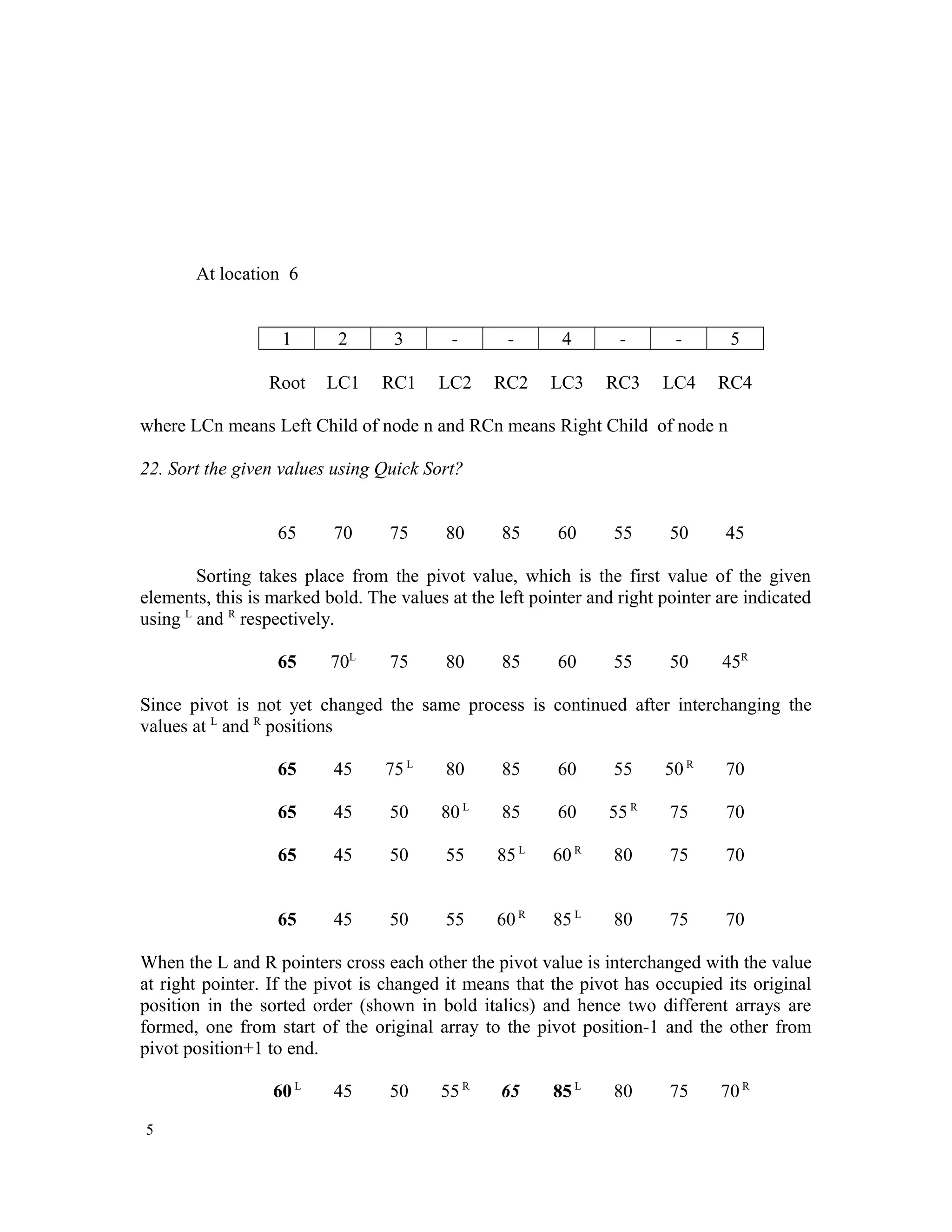 At location 6 1 2 3 - - 4 - - 5 Root LC1 RC1 LC2 RC2 LC3 RC3 LC4 RC4 where LCn means Left Child of node n and RCn means Right Child of node n 22. Sort the given values using Quick Sort? 65 70 75 80 85 60 55 50 45 Sorting takes place from the pivot value, which is the first value of the given elements, this is marked bold. The values at the left pointer and right pointer are indicated using L and R respectively. 65 70L 75 80 85 60 55 50 45R Since pivot is not yet changed the same process is continued after interchanging the values at L and R positions 65 45 75L 80 85 60 55 50R 70 65 45 50 80L 85 60 55R 75 70 65 45 50 55 85L 60R 80 75 70 65 45 50 55 60R 85L 80 75 70 When the L and R pointers cross each other the pivot value is interchanged with the value at right pointer. If the pivot is changed it means that the pivot has occupied its original position in the sorted order (shown in bold italics) and hence two different arrays are formed, one from start of the original array to the pivot position-1 and the other from pivot position+1 to end. 60L 45 50 55R 65 85L 80 75 70R 5 