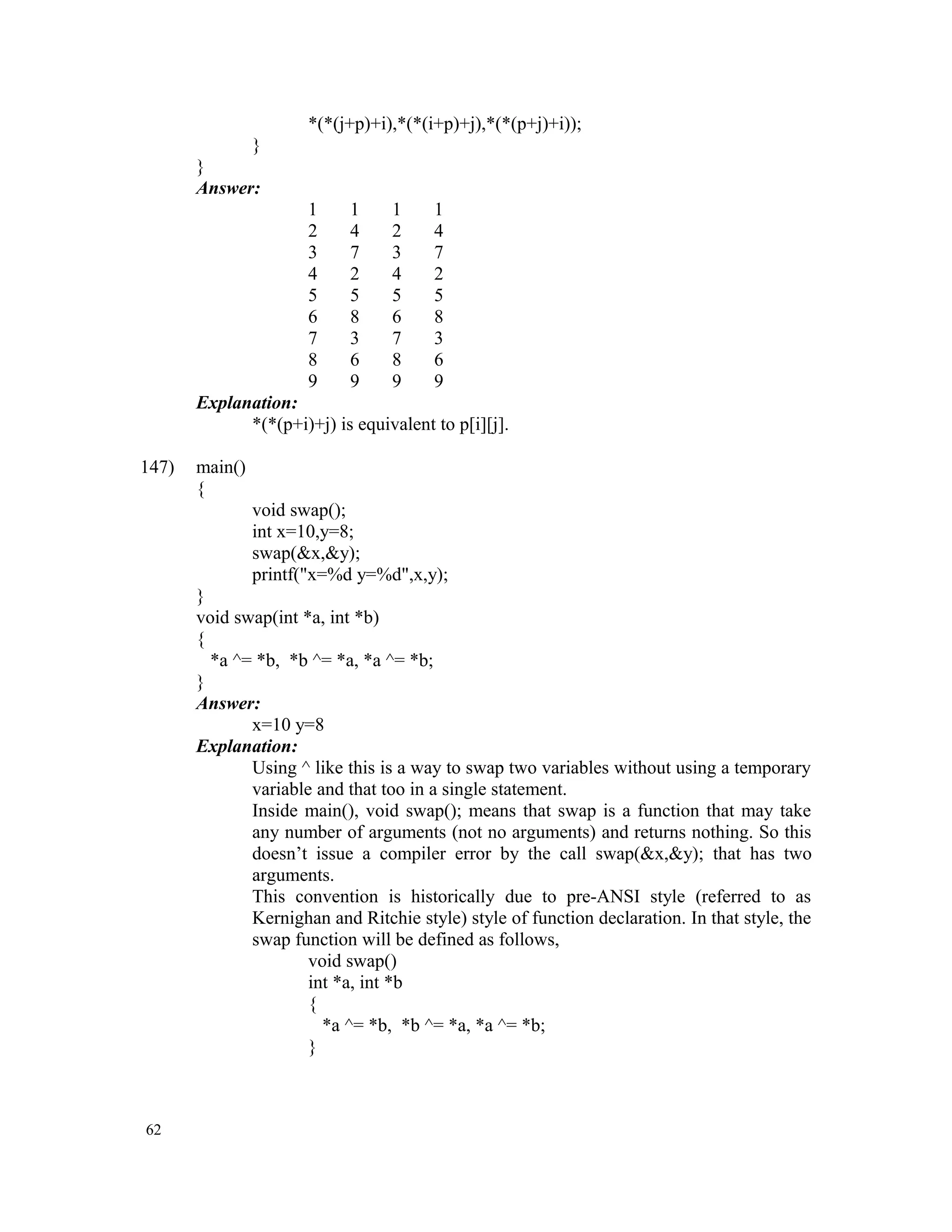 *(*(j+p)+i),*(*(i+p)+j),*(*(p+j)+i)); } } Answer: 1 1 1 1 2 4 2 4 3 7 3 7 4 2 4 2 5 5 5 5 6 8 6 8 7 3 7 3 8 6 8 6 9 9 9 9 Explanation: *(*(p+i)+j) is equivalent to p[i][j]. 147) main() { void swap(); int x=10,y=8; swap(&x,&y); printf("x=%d y=%d",x,y); } void swap(int *a, int *b) { *a ^= *b, *b ^= *a, *a ^= *b; } Answer: x=10 y=8 Explanation: Using ^ like this is a way to swap two variables without using a temporary variable and that too in a single statement. Inside main(), void swap(); means that swap is a function that may take any number of arguments (not no arguments) and returns nothing. So this doesn’t issue a compiler error by the call swap(&x,&y); that has two arguments. This convention is historically due to pre-ANSI style (referred to as Kernighan and Ritchie style) style of function declaration. In that style, the swap function will be defined as follows, void swap() int *a, int *b { *a ^= *b, *b ^= *a, *a ^= *b; } 62 