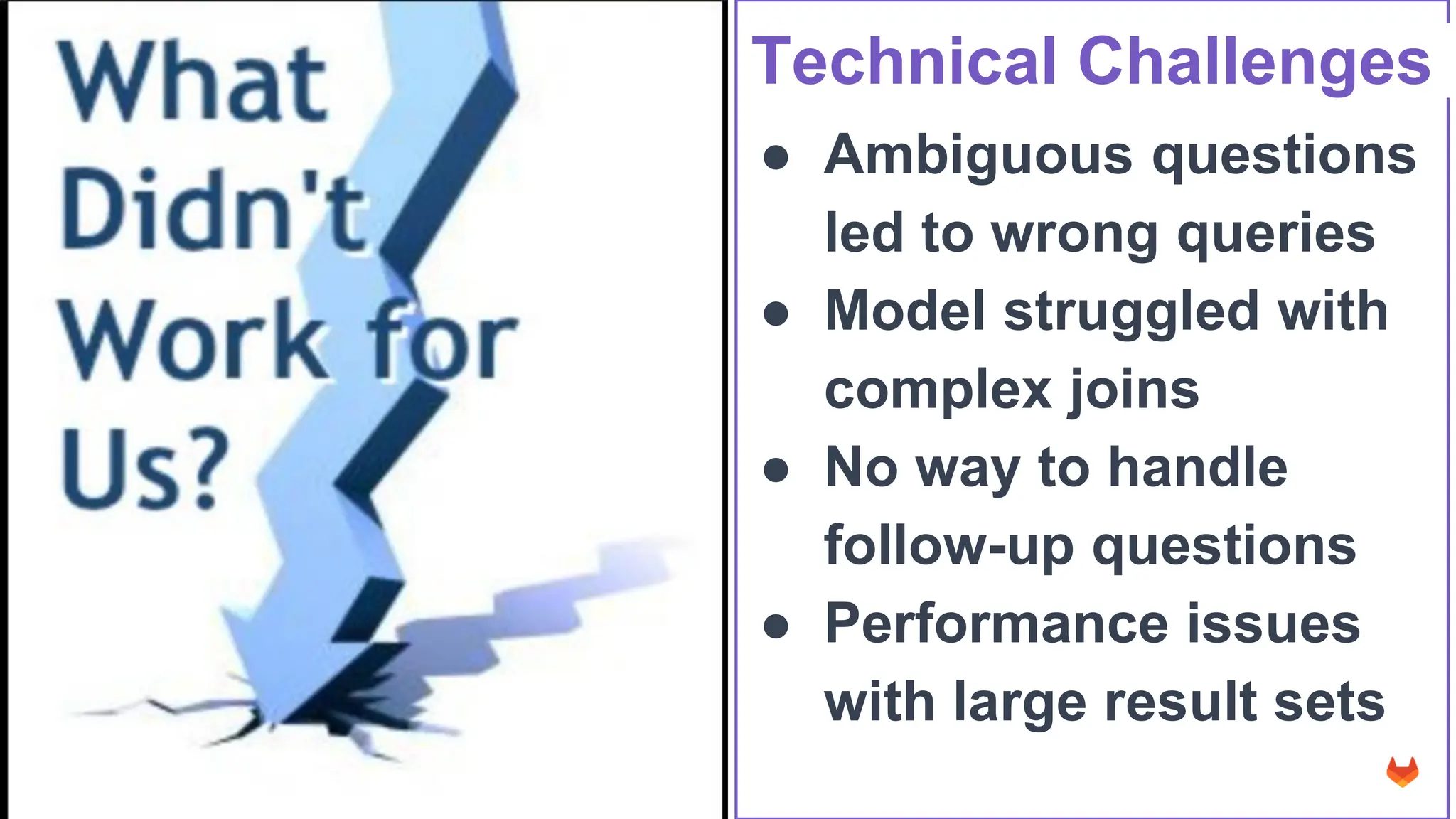 © 2023 GitLab Inc.
Technical Challenges
● Ambiguous questions
led to wrong queries
● Model struggled with
complex joins
● No way to handle
follow-up questions
● Performance issues
with large result sets
 