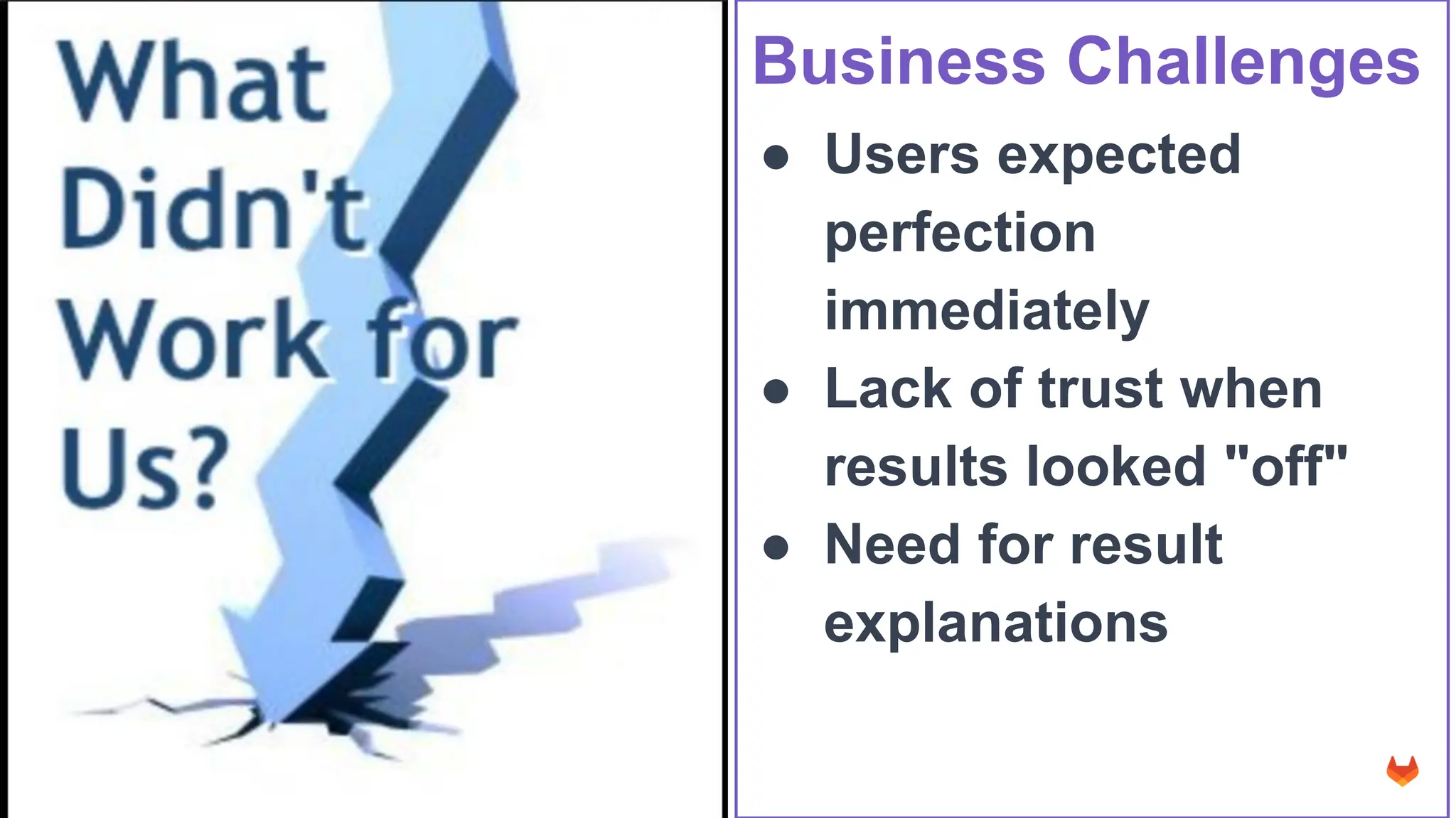 © 2023 GitLab Inc.
Business Challenges
● Users expected
perfection
immediately
● Lack of trust when
results looked "off"
● Need for result
explanations
 