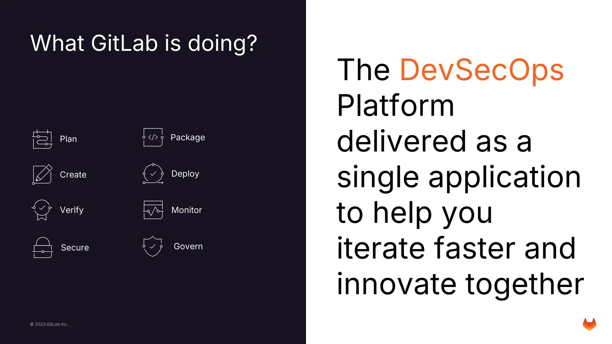 © 2023 GitLab Inc.
Plan
Create
Verify
Package
Secure
Deploy
Monitor
Govern
What GitLab is doing?
The DevSecOps
Platform
delivered as a
single application
to help you
iterate faster and
innovate together
 