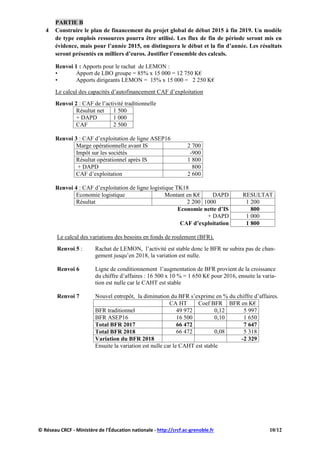 PARTIE B
4 Construire le plan de financement du projet global de début 2015 à fin 2019. Un modèle
de type emplois ressources pourra être utilisé. Les flux de fin de période seront mis en
évidence, mais pour l’année 2015, on distinguera le début et la fin d’année. Les résultats
seront présentés en milliers d’euros. Justifier l’ensemble des calculs.
Renvoi 1 : Apports pour le rachat de LEMON :
• Apport de LBO groupe = 85% x 15 000 = 12 750 K€
• Apports dirigeants LEMON = 15% x 15 000 = 2 250 K€
Le calcul des capacités d’autofinancement CAF d’exploitation
Renvoi 2 : CAF de l’activité traditionnelle
Résultat net 1 500
+ DAPD 1 000
CAF 2 500
Renvoi 3 : CAF d’exploitation de ligne ASEP16
Marge opérationnelle avant IS 2 700
Impôt sur les sociétés -900
Résultat opérationnel après IS 1 800
+ DAPD 800
CAF d’exploitation 2 600
Renvoi 4 : CAF d’exploitation de ligne logistique TK18
Economie logistique Montant en K€ DAPD RESULTAT
Résultat 2 200 1000 1 200
Economie nette d’IS 800
+ DAPD 1 000
CAF d’exploitation 1 800
Le calcul des variations des besoins en fonds de roulement (BFR).
Renvoi 5 : Rachat de LEMON, l’activité est stable donc le BFR ne subira pas de chan-
gement jusqu’en 2018, la variation est nulle.
Renvoi 6 Ligne de conditionnement l’augmentation de BFR provient de la croissance
du chiffre d’affaires : 16 500 x 10 % = 1 650 K€ pour 2016, ensuite la varia-
tion est nulle car le CAHT est stable
Renvoi 7 Nouvel entrepôt, la diminution du BFR s’exprime en % du chiffre d’affaires.
CA HT Coef BFR BFR en K€
BFR traditionnel 49 972 0,12 5 997
BFR ASEP16 16 500 0,10 1 650
Total BFR 2017 66 472 7 647
Total BFR 2018 66 472 0,08 5 318
Variation du BFR 2018 -2 329
Ensuite la variation est nulle car le CAHT est stable
© Réseau CRCF - Ministère de l'Éducation nationale - http://crcf.ac-grenoble.fr 10/12
 