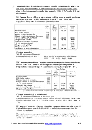 3 Construire le « plan de structure des revenus et des coûts » de l’entreprise LEMON sur
les 4 années à venir en mettant en évidence son équation économique (résultat écono-
mique en fonction des quantités vendues) sur les années 2016 à 2019. Procéder de la ma-
nière suivante :
3.a Calculer, dans un tableau la marge sur cout variable, la marge sur coût spécifiques
et la marge nette pour l’activité traditionnelle de LEMON pour l’année 2015.
Exprimer la marge nette en fonction des quantités vendues.
Coûts
unitaires
CA,
Marge
unitaire
Quantités
milliers cols
Montant
(K€)
Chiffre d’affaires 0,31 161 200 49 972
Coût d’achat matières 0,20
Charges variables de production 0,04
Charges variables de stockage et distribution 0,02
TOTAL CHARGES VARIABLES 0,26 0,26 161 200 41 912
Marge sur coût variable 0,05 161 200 8 060
Amortissement lignes de production 1 612
TOTAL charges spécifiques 43 524
Marge sur coût spécifique 0,04 161 200 6 448
Charges de structure 4 836
Marge nette ou résultat économique 0,01 161 200 1 612
Équation économique :
Soit X le nombre de milliers de col
Résultat économique (en K€) = Marge sur coût variable unitaire – Charges fixes
= 0,05 X - (1 612 + 4 836) = 0,05X - 6 448
3.b Calculer dans un tableau, l’apport économique de la nouvelle ligne de conditionne-
ment de 2016 à 2019. Donner la nouvelle équation économique correspondant à
l’exploitation de la nouvelle ligne et l’équation économique globale pour 2016-2017.
Nouvelle ligne
Coûts
unitaires
CA
Marge
unitaire
Quantités
Montant en
K€
Chiffre d’affaires 0,33 50 000 16 500
Coût d’achat matières 0,22
Charges variables de production 0,03
Charges variables de stockage et distribution 0,02
TOTAL charges variables 0,27 0,27 50 000 13 500
Marge sur coût variable 0,06 50 000 3 000
Amortissement lignes de production (1) 800
Marge sur coût spécifique 0,04 50 000 2 200
(1) Amortissement annuel de la nouvelle ligne de production = 12 000 / 15 = 800 K€
Équation économique de la nouvelle ligne :
Soit Y le nombre de milliers de col de la nouvelle ligne
Résultat économique (en K€) = marge sur coût variable unitaire – charges fixes = 0,06 Y- 800
Équation économique totale (en K€) = (0,05 X - 6 448) + (0,06 Y – 800) = 0,05 X + 0,06 Y -
7 248
3.c Analyser l’impact sur l’équation économique globale de la mise en service du nouvel
l’entrepôt de stockage à partie de 2018. Chiffrer le résultat attendu compte tenu des
volumes prévus de cols
D’une part, nous avons une augmentation de la marge sur coût variable par col de 0,01 €.
D’autre part nous constaterons un amortissement annuel de la nouvelle chaîne logistique pour
15 000 / 15 = 1 000 K€.
© Réseau CRCF - Ministère de l'Éducation nationale - http://crcf.ac-grenoble.fr 8/12
 
