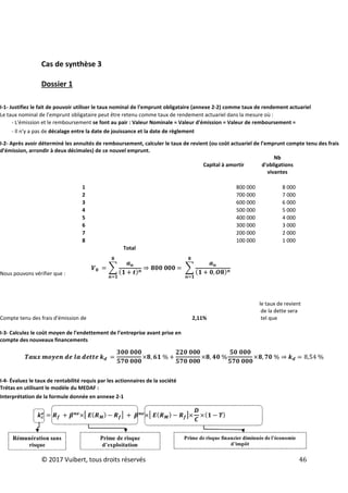 © 2017 Vuibert, tous droits réservés 46
Cas de synthèse 3
Dossier 1
I-1- Justifiez le fait de pouvoir utiliser le taux nominal de l’emprunt obligataire (annexe 2-2) comme taux de rendement actuariel
Le taux nominal de l’emprunt obligataire peut être retenu comme taux de rendement actuariel dans la mesure où :
- L'émission et le remboursement se font au pair : Valeur Nominale = Valeur d'émission = Valeur de remboursement =
- Il n'y a pas de décalage entre la date de jouissance et la date de règlement
I-2- Après avoir déterminé les annuités de remboursement, calculer le taux de revient (ou coût actuariel de l’emprunt compte tenu des frais
d’émission, arrondir à deux décimales) de ce nouvel emprunt.
Capital à amortir
Nb
d'obligations
vivantes
1 800 000 8 000
2 700 000 7 000
3 600 000 6 000
4 500 000 5 000
5 400 000 4 000
6 300 000 3 000
7 200 000 2 000
8 100 000 1 000
Total
Nous pouvons vérifier que :
Compte tenu des frais d'émission de 2,11%
le taux de revient
de la dette sera
tel que
I-3- Calculez le coût moyen de l’endettement de l’entreprise avant prise en
compte des nouveaux financements
I-4- Évaluez le taux de rentabilité requis par les actionnaires de la société
Trétas en utilisant le modèle du MEDAF :
Interprétation de la formule donnée en annexe 2-1
 