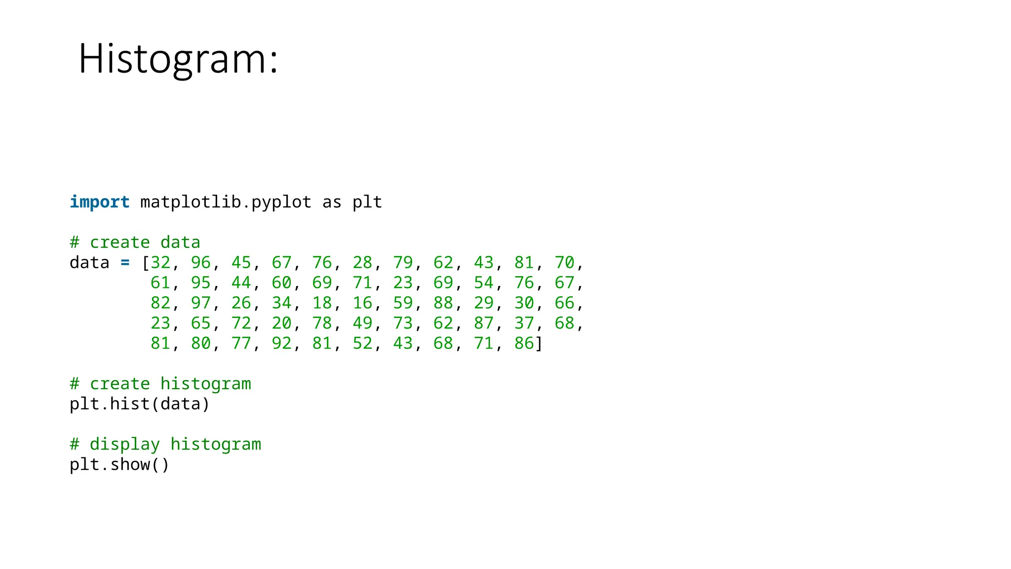 Histogram:
import matplotlib.pyplot as plt
# create data
data = [32, 96, 45, 67, 76, 28, 79, 62, 43, 81, 70,
61, 95, 44, 60, 69, 71, 23, 69, 54, 76, 67,
82, 97, 26, 34, 18, 16, 59, 88, 29, 30, 66,
23, 65, 72, 20, 78, 49, 73, 62, 87, 37, 68,
81, 80, 77, 92, 81, 52, 43, 68, 71, 86]
# create histogram
plt.hist(data)
# display histogram
plt.show()
 