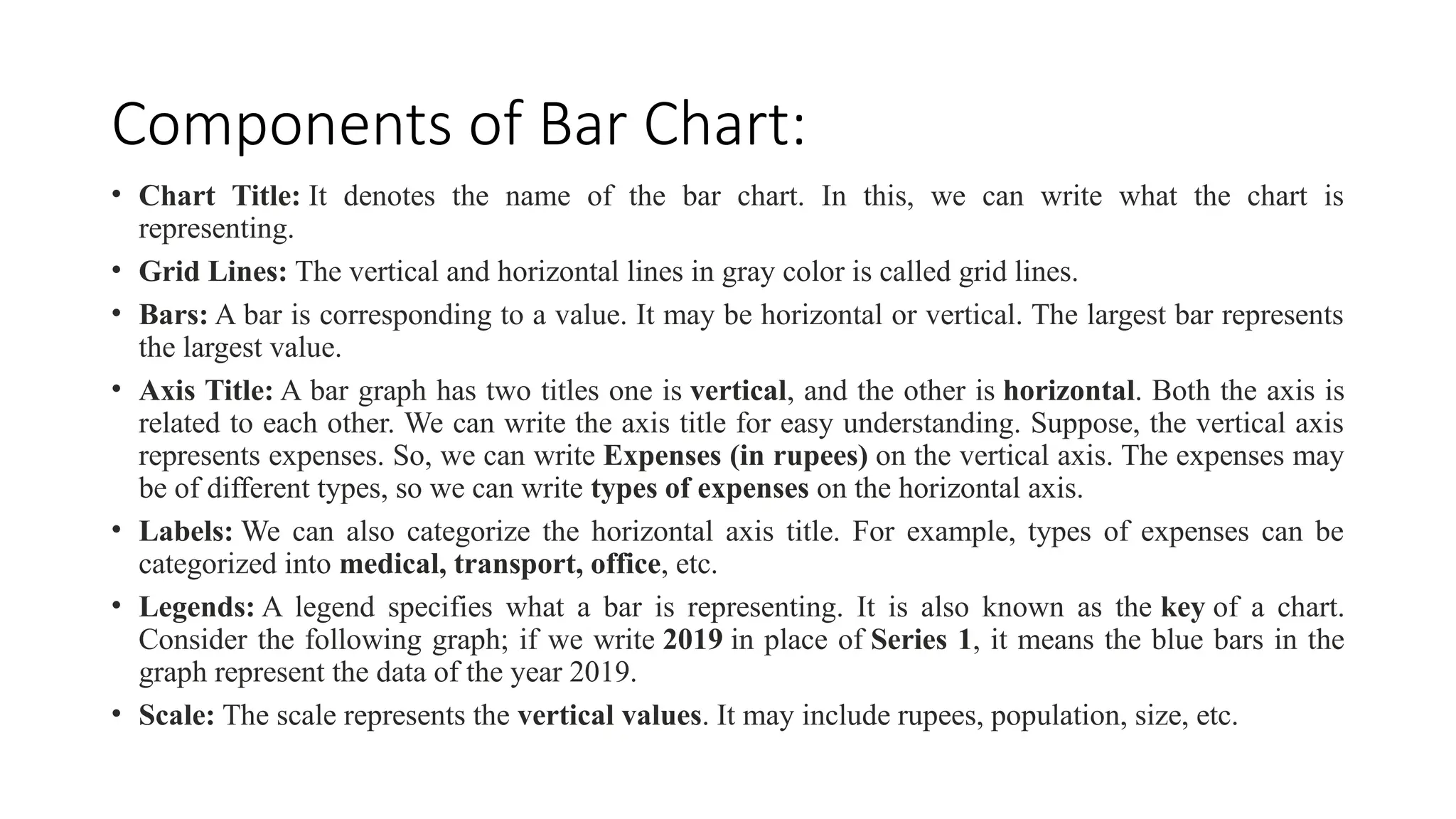 Components of Bar Chart:
• Chart Title: It denotes the name of the bar chart. In this, we can write what the chart is
representing.
• Grid Lines: The vertical and horizontal lines in gray color is called grid lines.
• Bars: A bar is corresponding to a value. It may be horizontal or vertical. The largest bar represents
the largest value.
• Axis Title: A bar graph has two titles one is vertical, and the other is horizontal. Both the axis is
related to each other. We can write the axis title for easy understanding. Suppose, the vertical axis
represents expenses. So, we can write Expenses (in rupees) on the vertical axis. The expenses may
be of different types, so we can write types of expenses on the horizontal axis.
• Labels: We can also categorize the horizontal axis title. For example, types of expenses can be
categorized into medical, transport, office, etc.
• Legends: A legend specifies what a bar is representing. It is also known as the key of a chart.
Consider the following graph; if we write 2019 in place of Series 1, it means the blue bars in the
graph represent the data of the year 2019.
• Scale: The scale represents the vertical values. It may include rupees, population, size, etc.
 