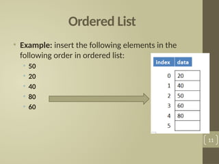 Ordered List
• Example: insert the following elements in the
following order in ordered list:
• 50
• 20
• 40
• 80
• 60
11
 