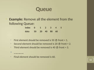 Queue
• Example: Remove all the element from the
following Queue:
• First element should be removed is 50  front = 1.
• Second element should be removed is 20  front = 2.
• Third element should be removed is 40  front = 3.
• ……….
• Final element should be removed is 60.
16
index 0 1 2 3 4 5
data 50 20 40 80 60
 
