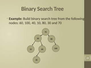 Binary Search Tree
• Example: Build binary search tree from the following
nodes: 60, 100, 40, 10, 80, 30 and 70
29
70
30
10 60
40
80
100
 