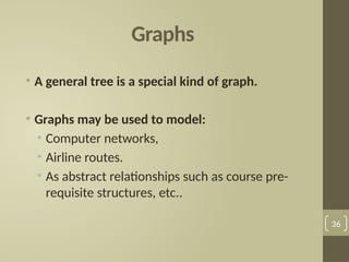 Graphs
• A general tree is a special kind of graph.
• Graphs may be used to model:
• Computer networks,
• Airline routes.
• As abstract relationships such as course pre-
requisite structures, etc..
36
 